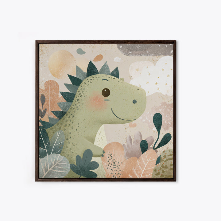 Gentle Dinosaur Family Framed Canvas Print, Nursery Decor, Boho Decor, Oil Painting, Nursery, Nursery Wall Art, Framed Wall Art, NDE-1x1-79