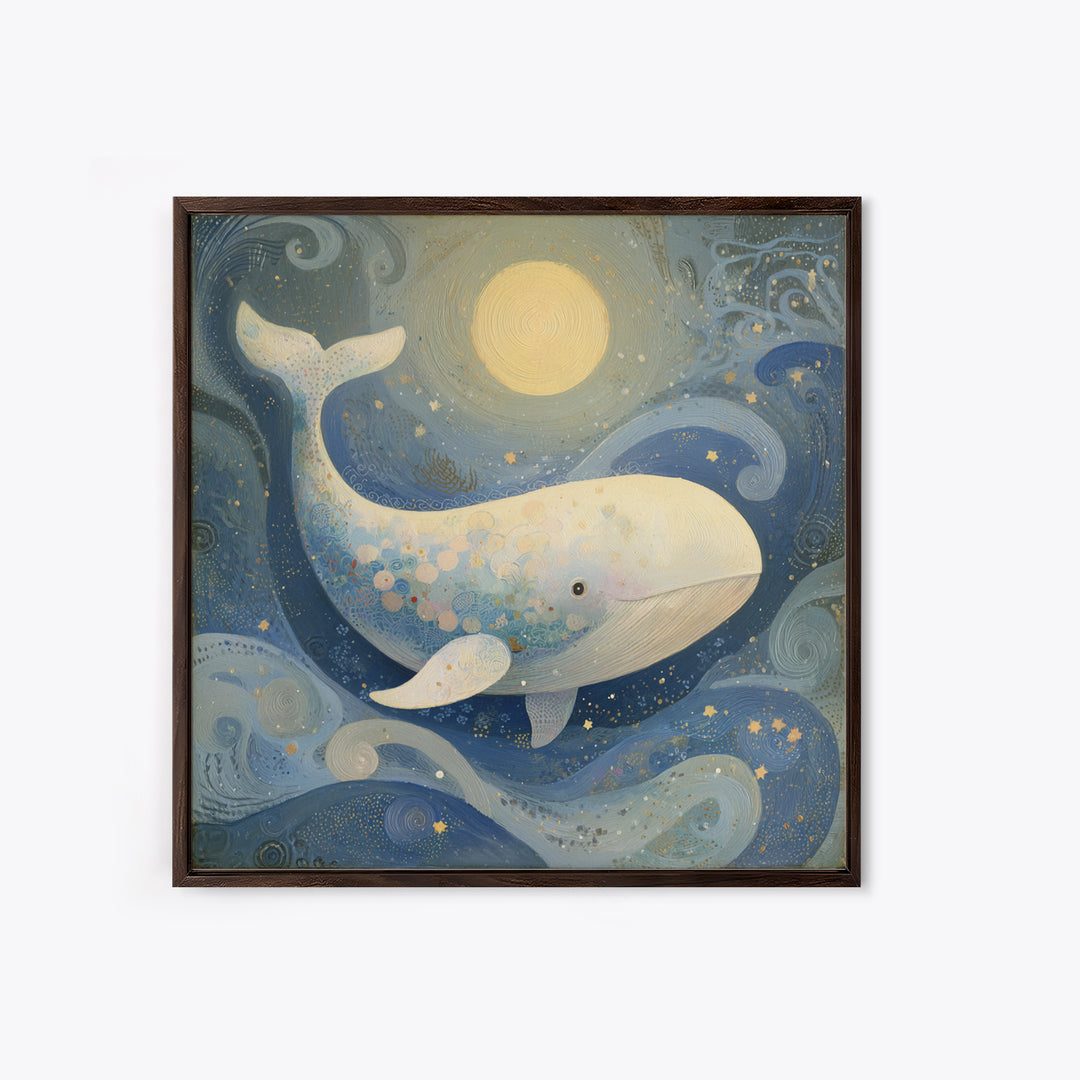 Baby Whale Swimming Through Stars Framed Canvas Print, Nursery Decor, Fine Art Print, Fine Art, Nursery, Printable Wall Art, NDE-1x1-80
