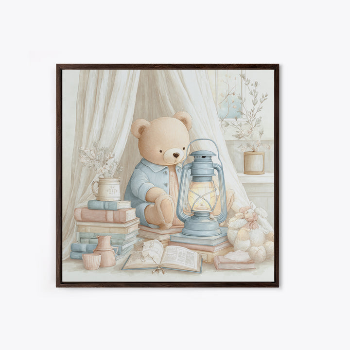 Storybook Bear with Little Lantern Canvas Print, Nursery Decor, Art Print, Fine Art, Nursery, Woodland Nursery Decor, NDE-1x1-81