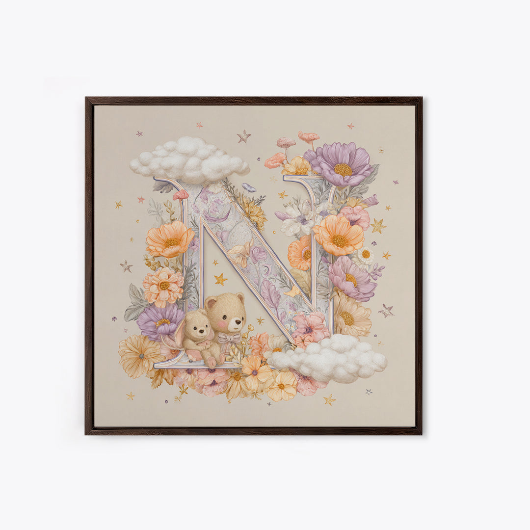 Soft Floral Initial Frame Without Letters Canvas Print, Nursery Decor, Boho Decor, Fine Art, Nursery, Nursery Wall Art, NDE-1x1-82