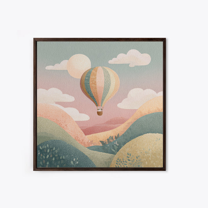Hot Air Balloon Drifting Framed Canvas Print, Nursery Decor, Kids Wall Art, Abstract Art, Nursery, Room Decor, NDE-1x1-84