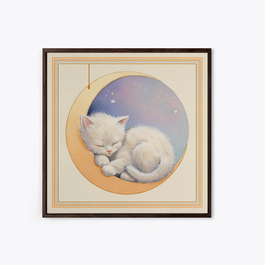 Sleeping Kitten on Crescent Moon Canvas Print, Nursery Decor, Contemporary Art, Nursery, Wall Decals, Nursery Wall Decor, NDE-1x1-89