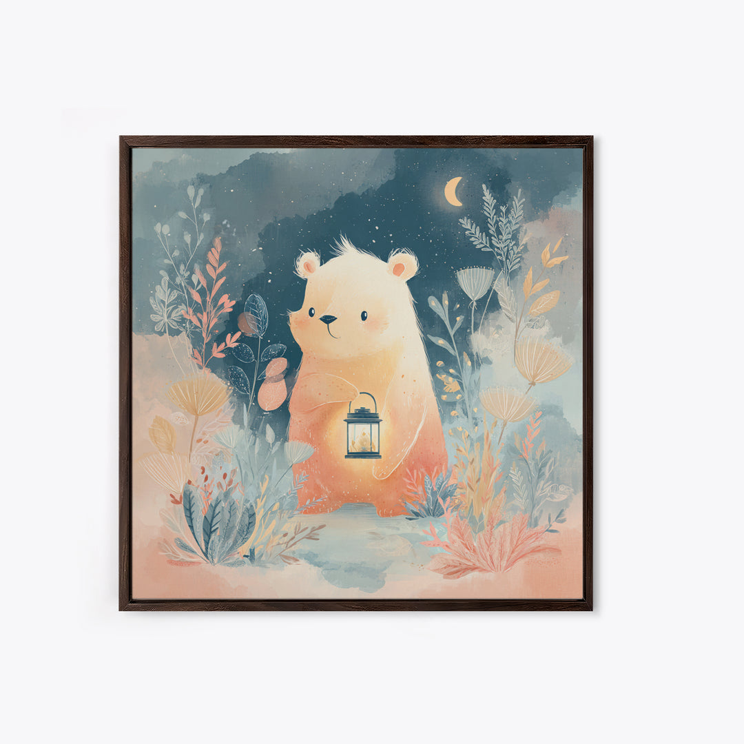 Storybook Bear with Little Lantern Canvas Print, Nursery Decor, Statement Artwork, Fine Art, Nursery, Printable Wall Art, NDE-1x1-9