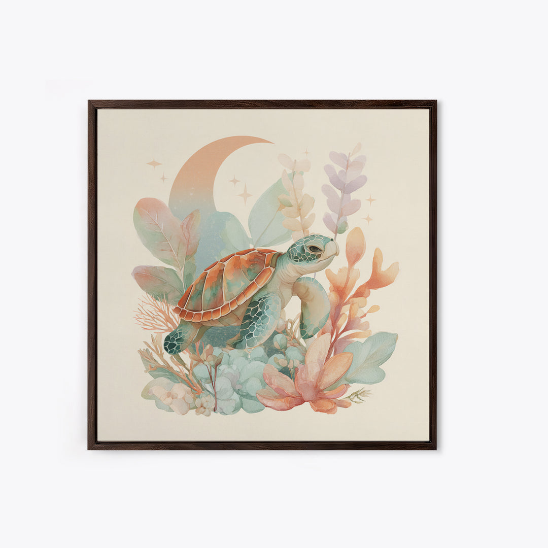 Tiny Turtle with Sea Plants Canvas Print, Nursery Decor, Room Decor, Fine Art, Nursery, Framed Wall Art, Bedroom Decor, NDE-1x1-91