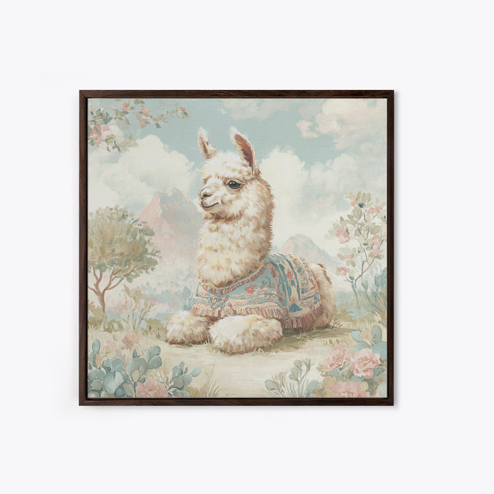 Cute Llama with Blanket Pattern Framed Canvas Print, Nursery Decor, Wall Art, Oil Painting, Nursery, Nursery Wall Decor, NDE-1x1-93