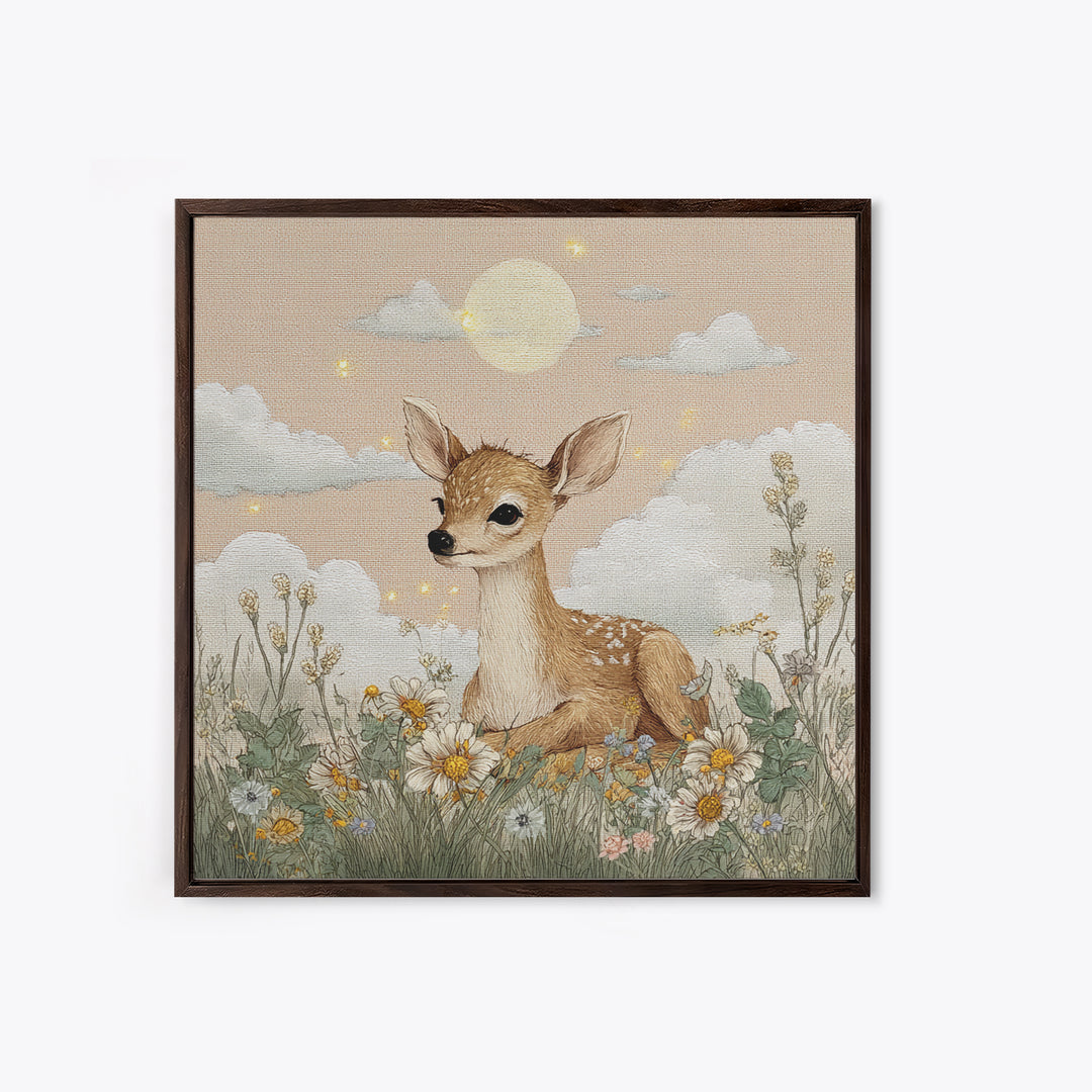Baby Deer in Meadow with Fireflies Canvas Print, Nursery Decor, Modern Decor, Fine Art, Nursery, Wall Decor, Art Print, NDE-1x1-94