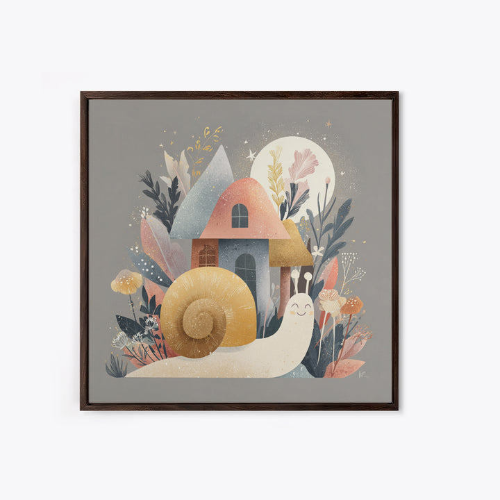 Garden Snail with Mushroom House Canvas Print, Nursery Decor, Fine Art Print, Watercolor Art, Nursery, Printable Wall Art, NDE-1x1-95