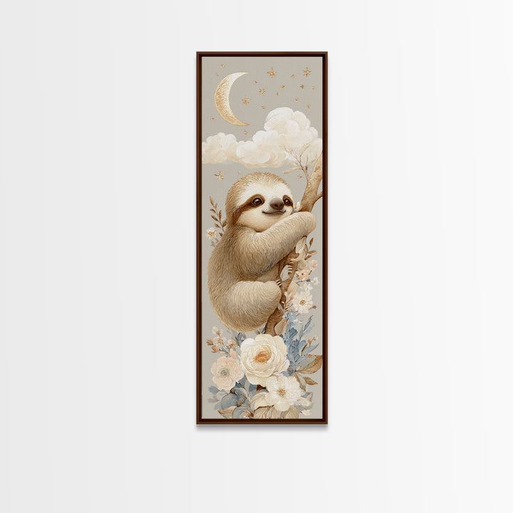 Sleepy Sloth Hanging from Branch Canvas Print, Nursery Decor, Neutral Decor, Oil Painting, Nursery, Home Decor, Wall Decor, NDE-1x3-18