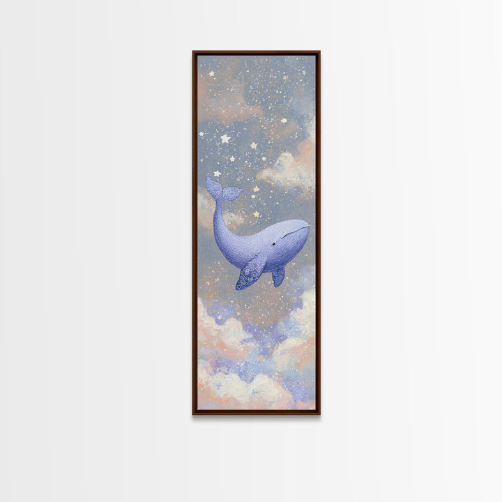 Baby Whale Swimming Through Stars Framed Canvas Print, Nursery Decor, Wall Decor, Fine Art, Nursery, Woodland Nursery Decor, NDE-1x3-20