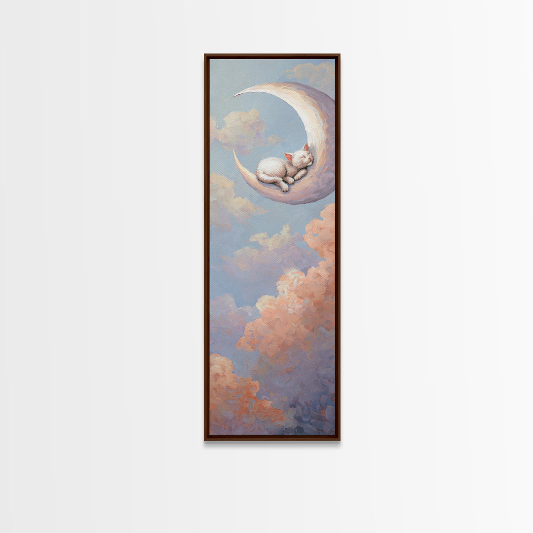 Sleeping Kitten on Crescent Moon Framed Canvas Print, Nursery Decor, Textured Painting, Fine Art, Nursery, Bedroom Decor, NDE-1x3-29