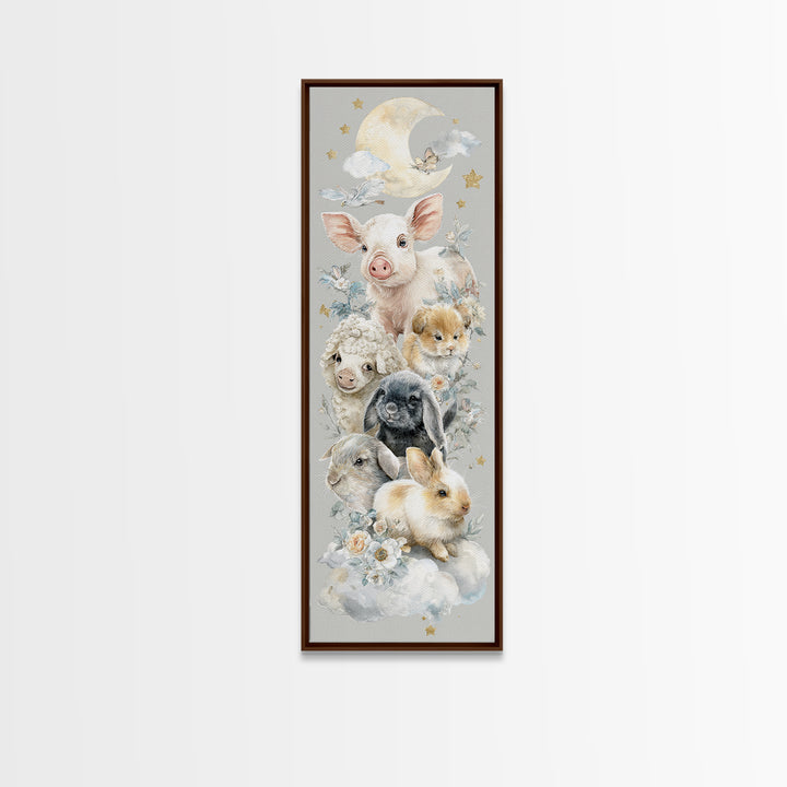 Farm Animals in Soft Watercolor Style Framed Canvas Print, Nursery Decor, Nursery Wall Decal, Oil Painting, Nursery, NDE-1x3-30