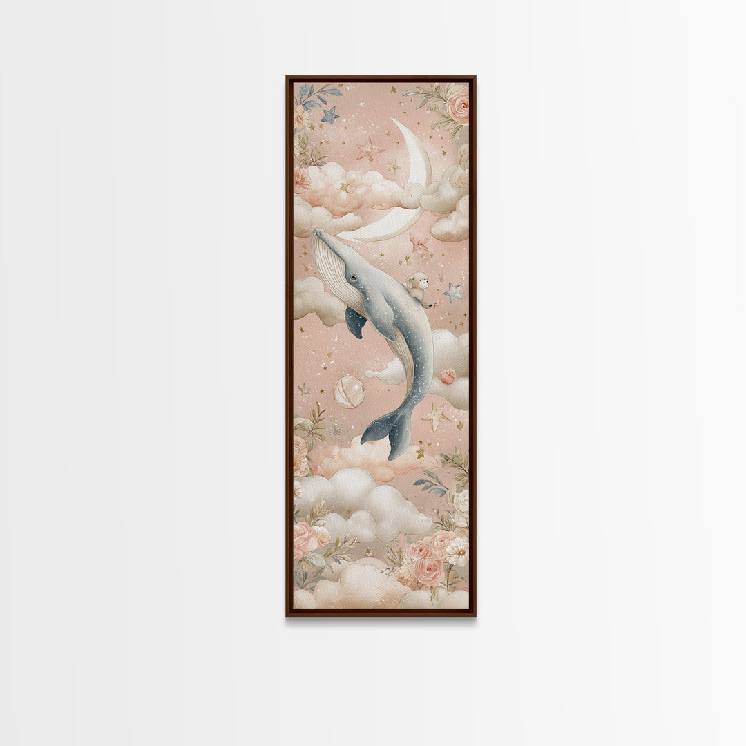 Baby Whale Swimming Through Stars Canvas Print, Nursery Decor, Framed Wall Art, Fine Art, Nursery, Safari Nursery Decor, NDE-1x3-44