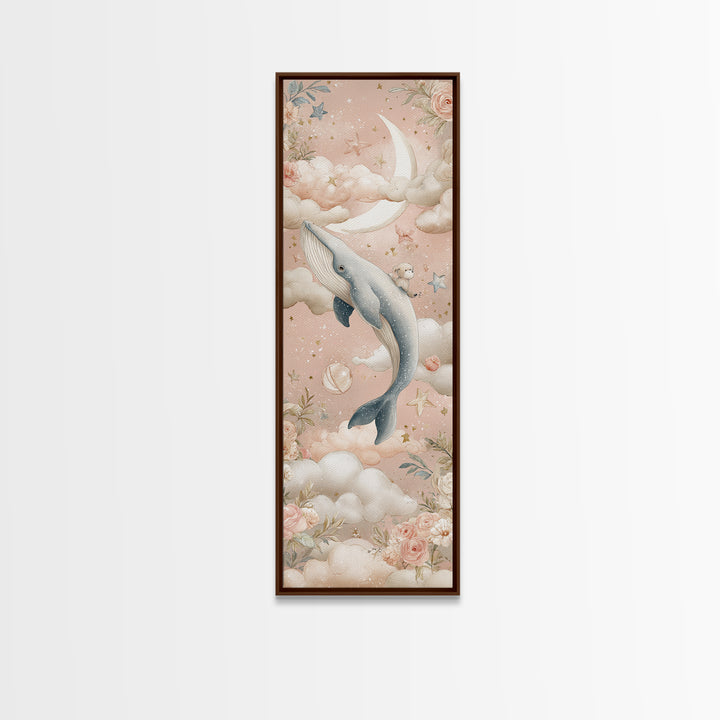 Baby Whale Swimming Through Stars Canvas Print, Nursery Decor, Framed Wall Art, Fine Art, Nursery, Safari Nursery Decor, NDE-1x3-44