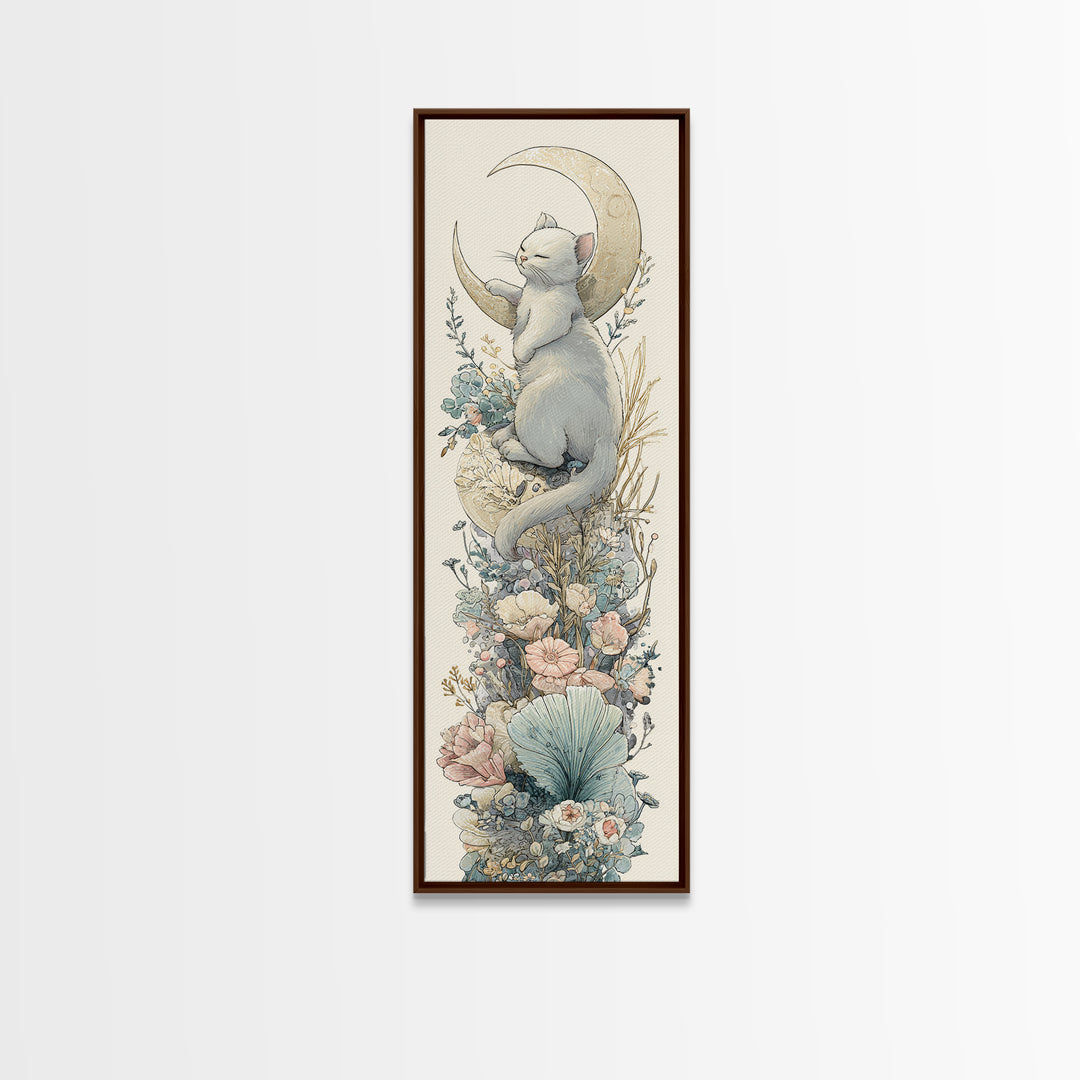 Sleeping Kitten on Crescent Moon Framed Canvas Print, Nursery Decor, Textured Painting, Fine Art, Nursery, Bedroom Decor, NDE-1x3-53