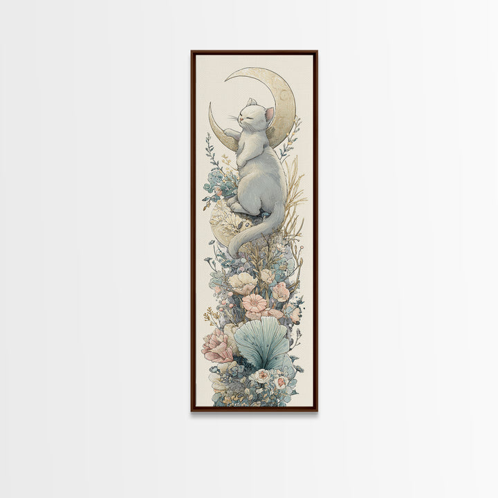 Sleeping Kitten on Crescent Moon Framed Canvas Print, Nursery Decor, Textured Painting, Fine Art, Nursery, Bedroom Decor, NDE-1x3-53