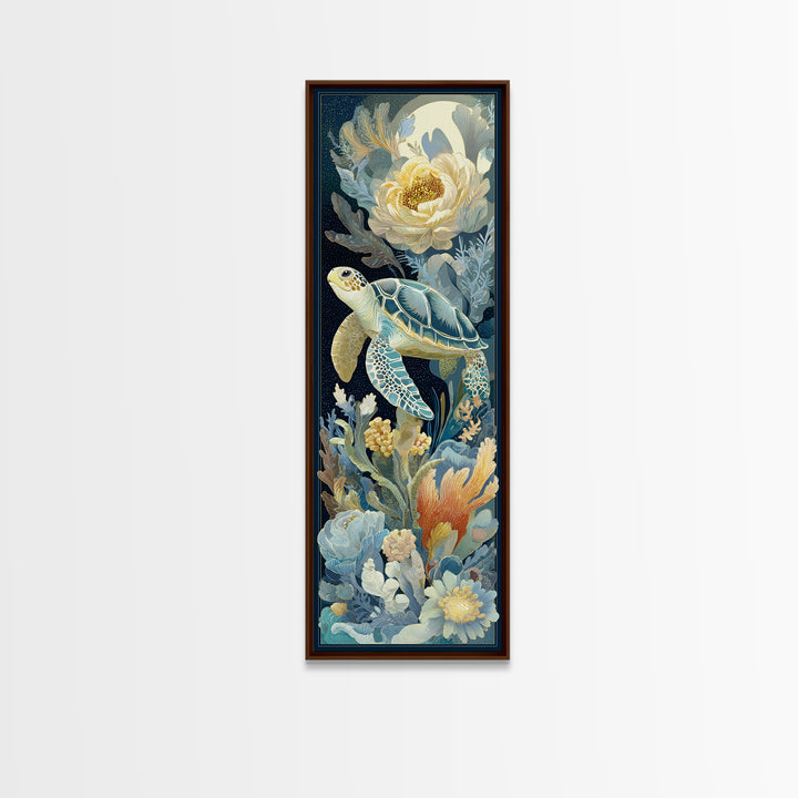 Tiny Turtle with Sea Plants Canvas Print, Nursery Decor, Floral Wallpaper, Oil Painting, Nursery, Fine Art Print, NDE-1x3-55