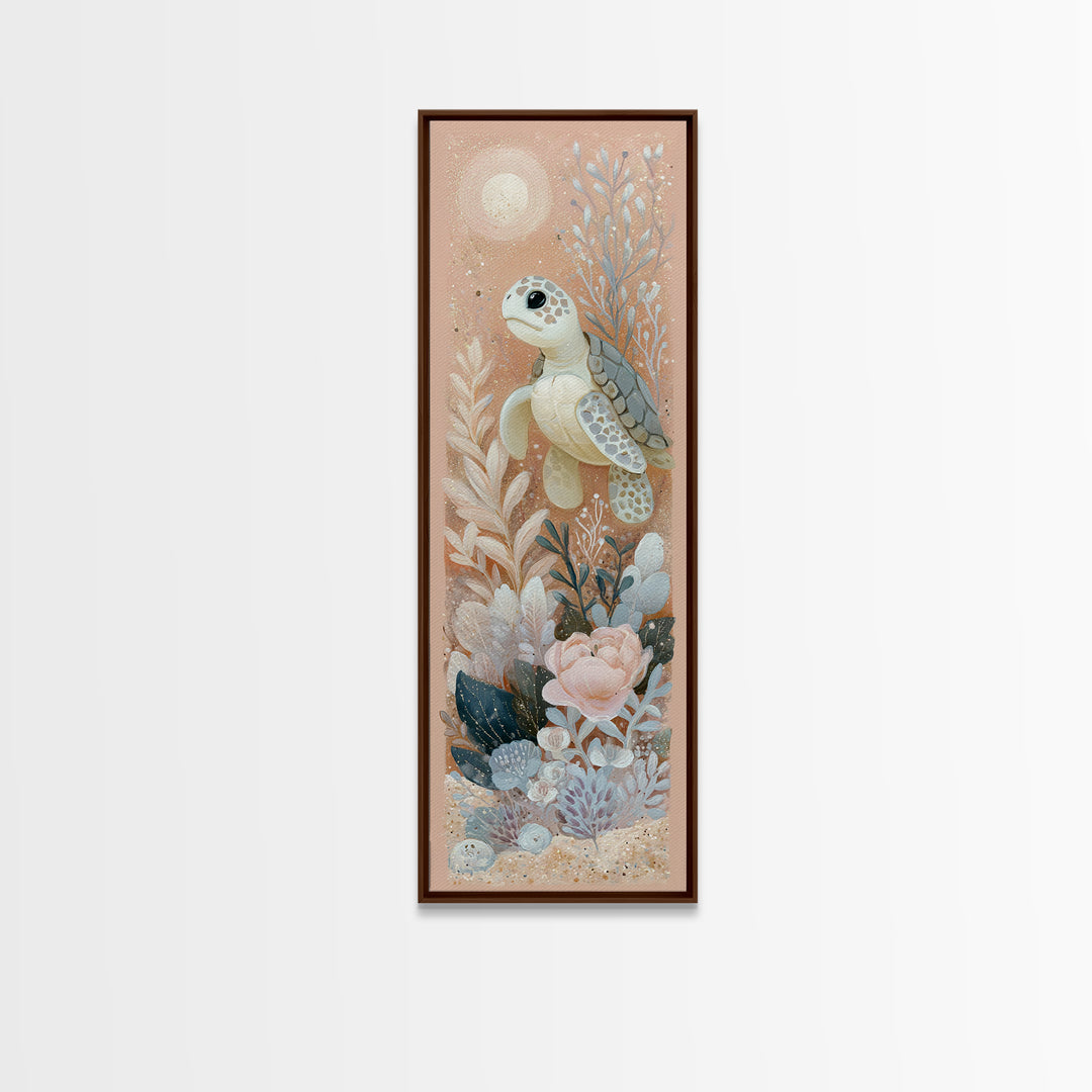 Tiny Turtle with Sea Plants Framed Canvas Print, Nursery Decor, Nursery Wall Decals, Fine Art, Nursery, Textured Painting, NDE-1x3-79