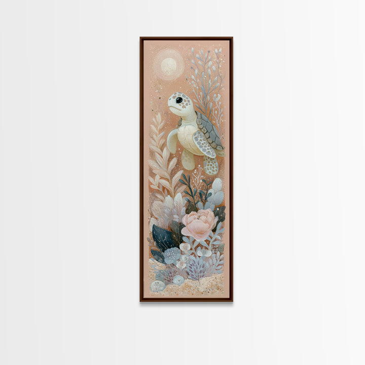 Tiny Turtle with Sea Plants Framed Canvas Print, Nursery Decor, Nursery Wall Decals, Fine Art, Nursery, Textured Painting, NDE-1x3-79