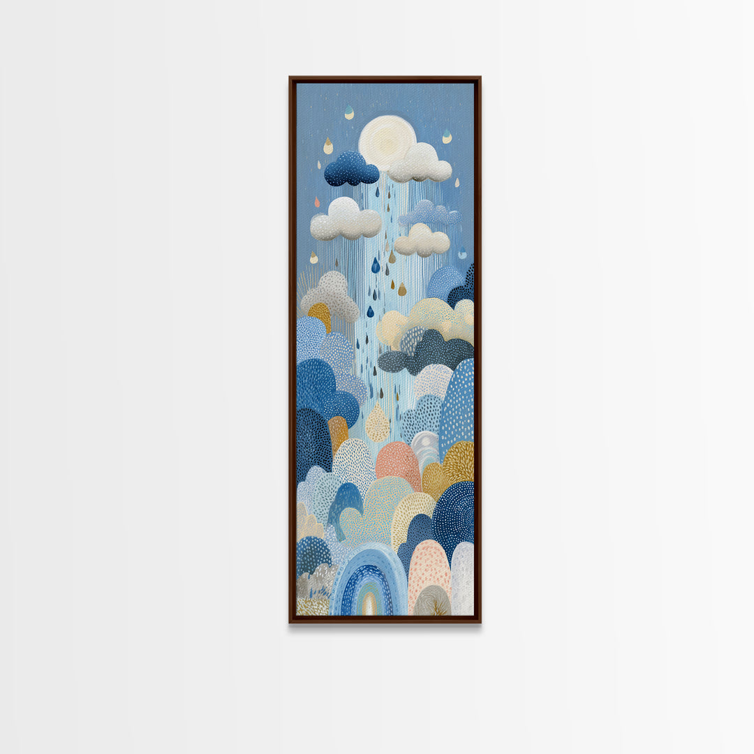 Cloud Rainbow and Raindrop Composition Framed Canvas Print, Nursery Decor, Wall Light, Fine Art, Nursery, Statement Artwork, NDE-1x3-80