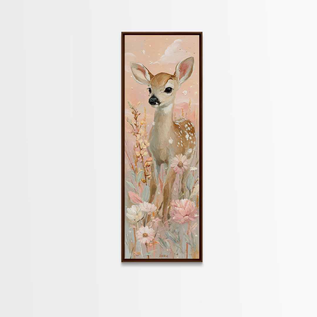 Baby Deer in Meadow with Fireflies Canvas Print, Nursery Decor, Boho Decor, Nursery, Nursery Wall Art, Framed Wall Art, NDE-1x3-82