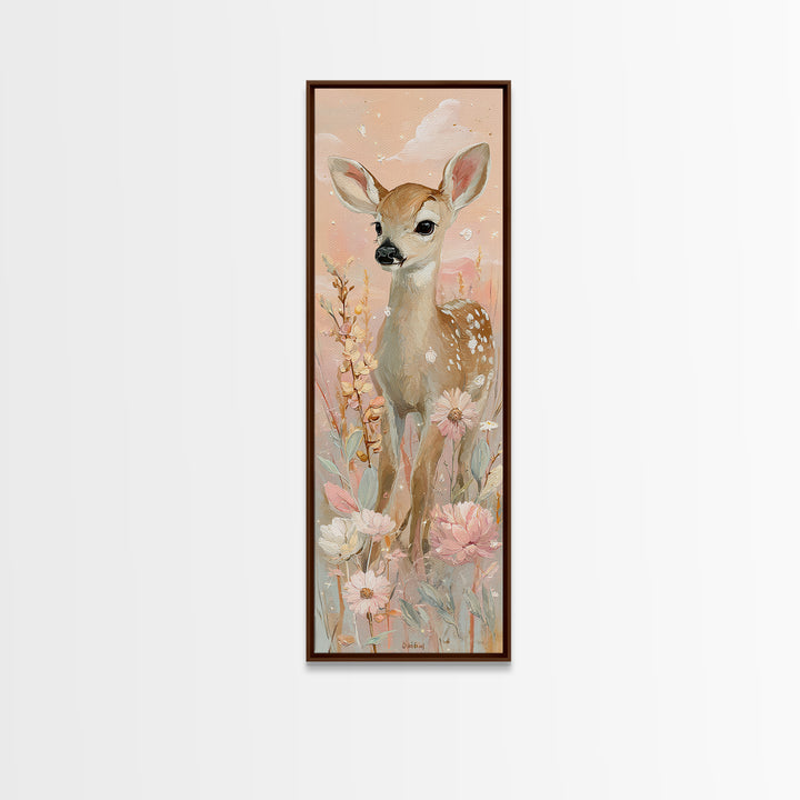 Baby Deer in Meadow with Fireflies Canvas Print, Nursery Decor, Boho Decor, Nursery, Nursery Wall Art, Framed Wall Art, NDE-1x3-82