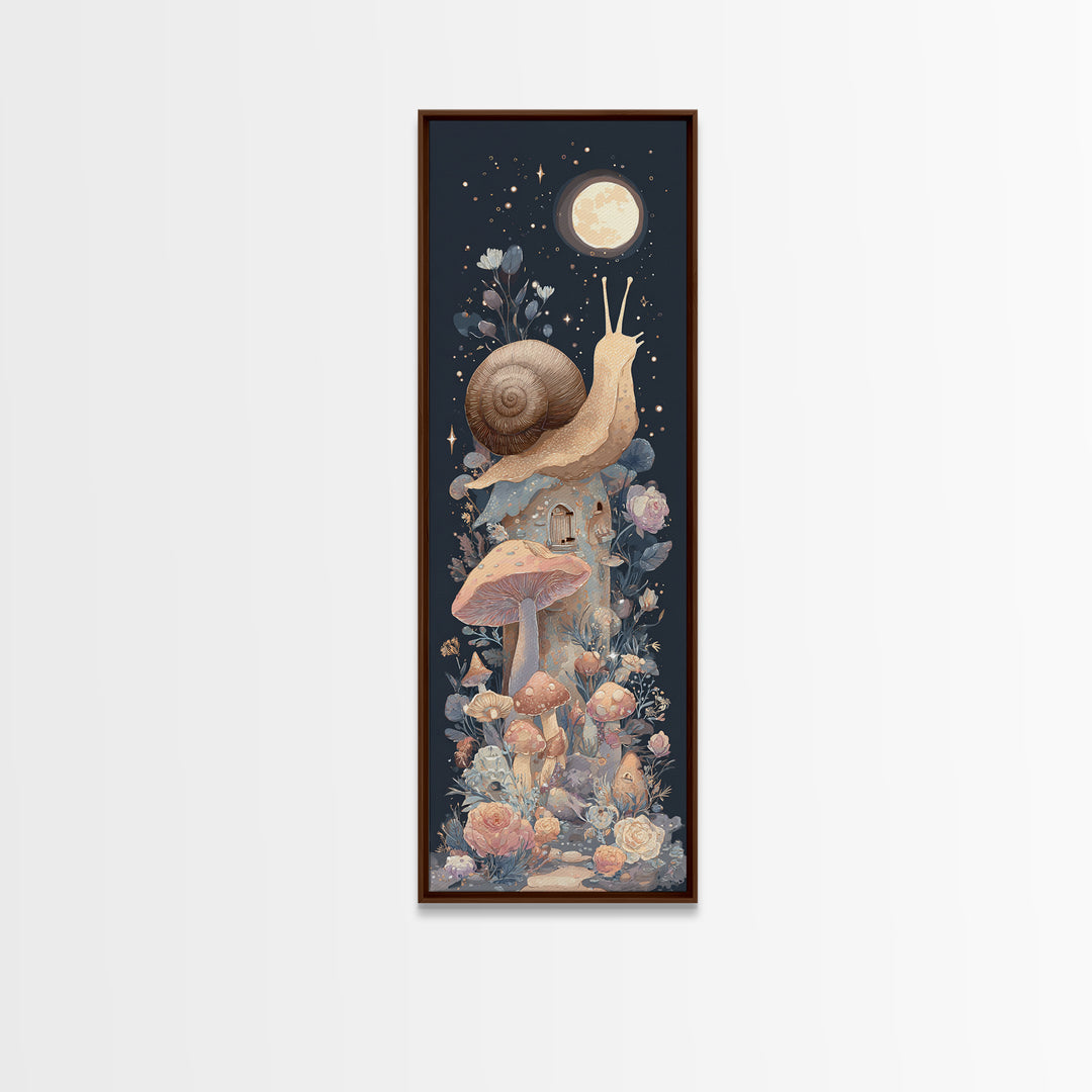 Garden Snail with Mushroom House Framed Canvas Print, Nursery Decor, Woodland Nursery, Watercolor Art, Nursery, NDE-1x3-83