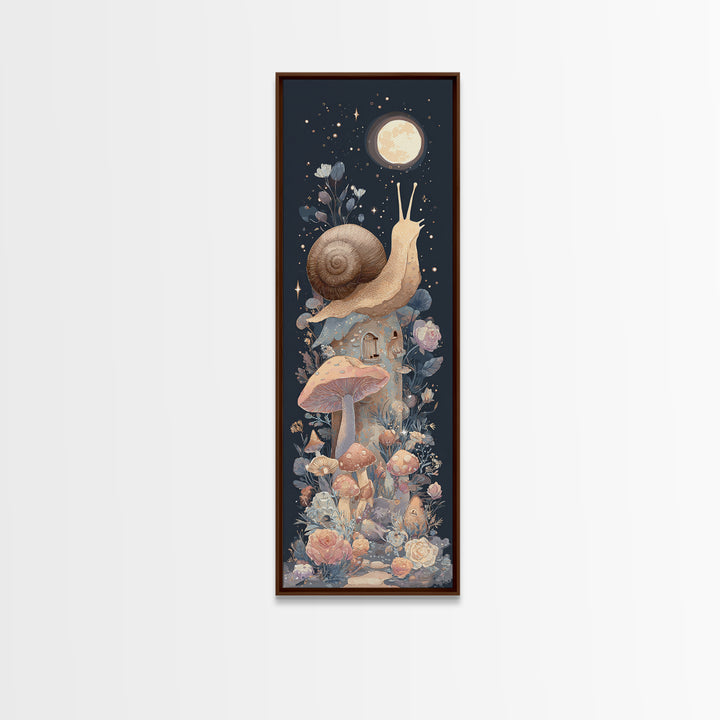 Garden Snail with Mushroom House Framed Canvas Print, Nursery Decor, Woodland Nursery, Watercolor Art, Nursery, NDE-1x3-83