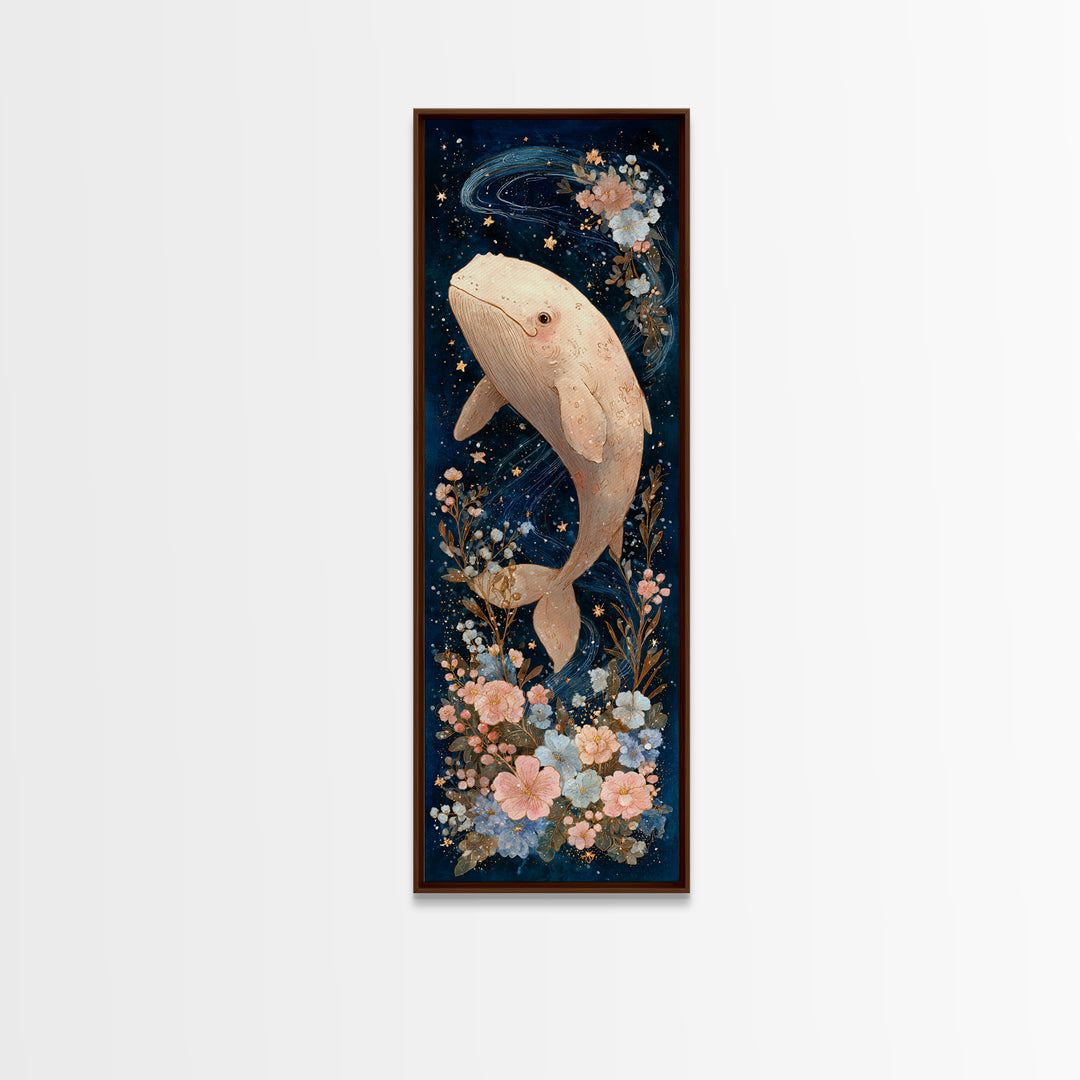 Baby Whale Swimming Through Stars Framed Canvas Print, Nursery Decor, Nursery Name Sign, Fine Art, Nursery, Luxury Decor, NDE-1x3-92