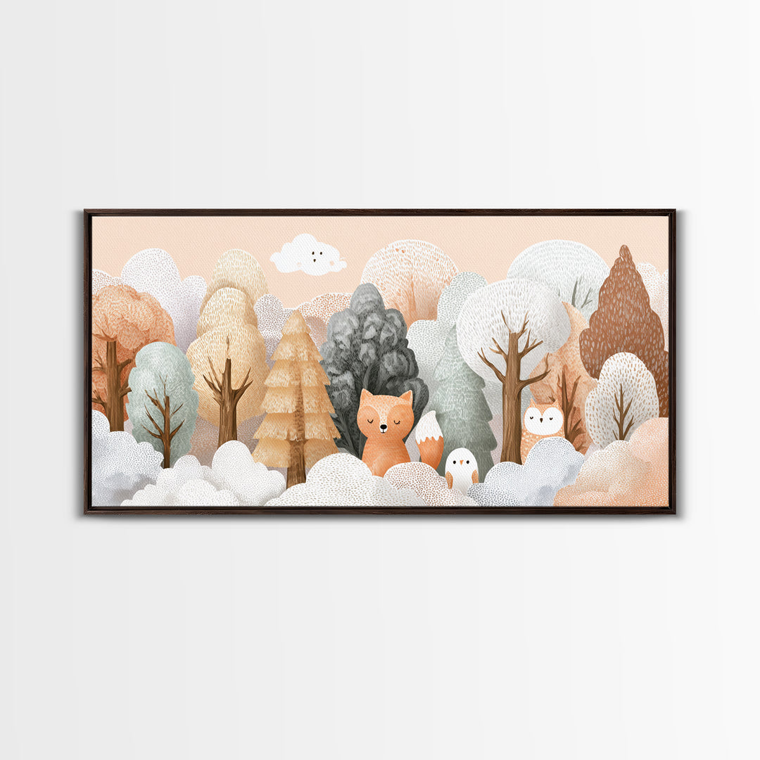 Fox and Owl Friends Framed Canvas Print, Nursery Decor, Contemporary Art, Fine Art, Nursery, Wall Decals, Nursery Wall Decor, NDE-2x1-10
