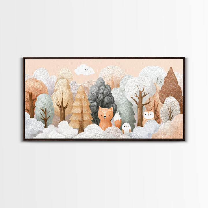 Fox and Owl Friends Framed Canvas Print, Nursery Decor, Contemporary Art, Fine Art, Nursery, Wall Decals, Nursery Wall Decor, NDE-2x1-10