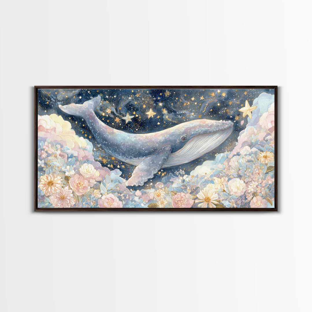 Baby Whale Swimming Through Stars Framed Canvas Print, Nursery Decor, Wall Light, Fine Art, Nursery, Statement Artwork, NDE-2x1-100
