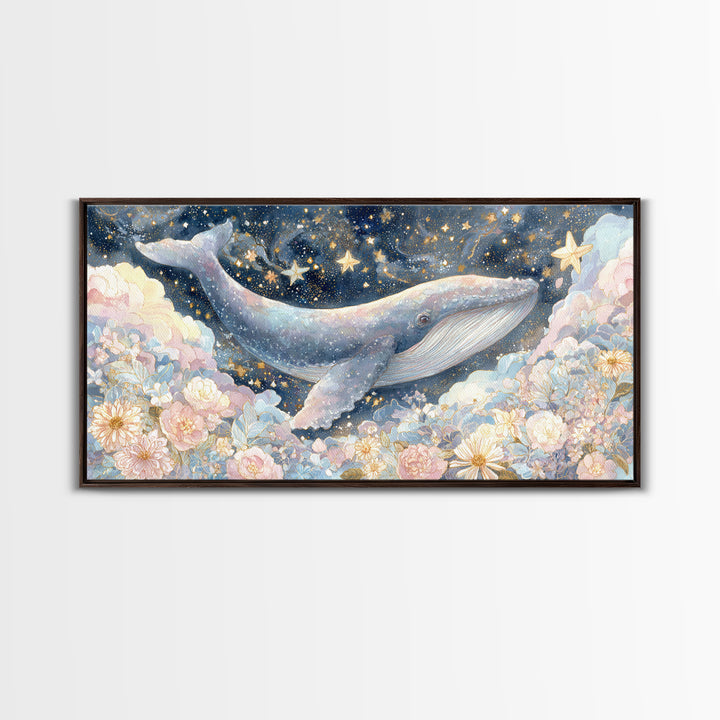 Baby Whale Swimming Through Stars Framed Canvas Print, Nursery Decor, Wall Light, Fine Art, Nursery, Statement Artwork, NDE-2x1-100