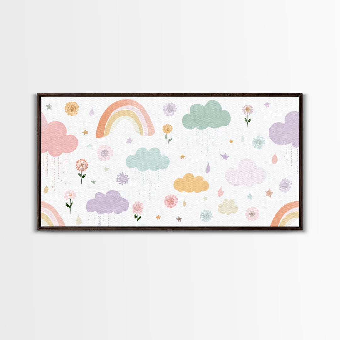 Cloud Rainbow and Raindrop Composition Framed Canvas Print, Nursery Decor, Fine Art Print, Fine Art, Nursery, NDE-2x1-16