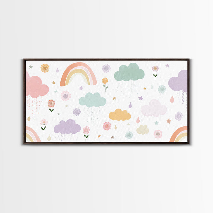 Cloud Rainbow and Raindrop Composition Framed Canvas Print, Nursery Decor, Fine Art Print, Fine Art, Nursery, NDE-2x1-16