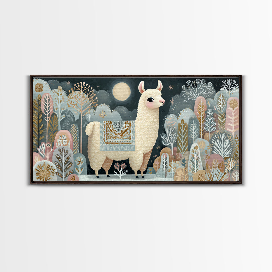Cute Llama with Blanket Pattern Canvas Print, Nursery Decor, Nursery, Floral Wall Art, Botanical Wall Art, Floral Wallpaper, NDE-2x1-17