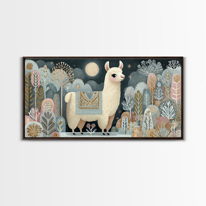 Cute Llama with Blanket Pattern Canvas Print, Nursery Decor, Nursery, Floral Wall Art, Botanical Wall Art, Floral Wallpaper, NDE-2x1-17