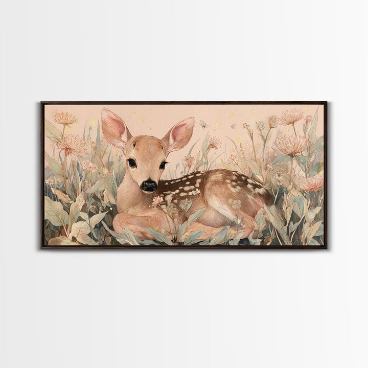 Baby Deer in Meadow with Fireflies Framed Canvas Print, Nursery Decor, Room Decor, Fine Art, Nursery, Framed Wall Art, NDE-2x1-18