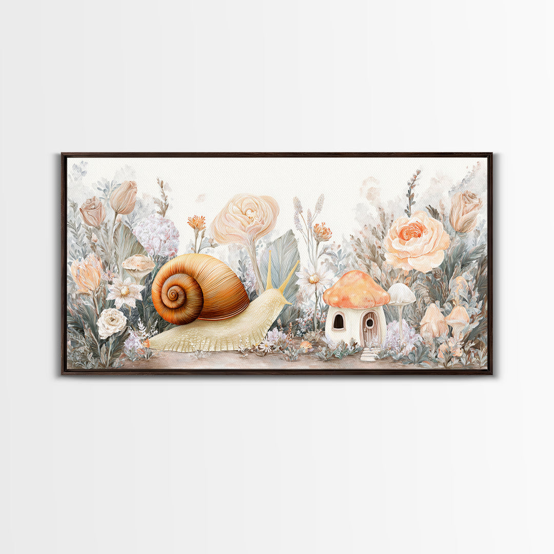 Garden Snail with Mushroom House Framed Canvas Print, Nursery Decor, Woodland Nursery, Watercolor Art, Nursery, NDE-2x1-19