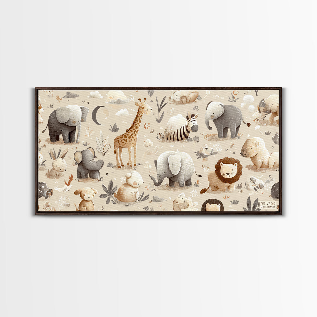 Cute Safari Animals Framed Canvas Print, Nursery Decor, Minimalist Decor, Fine Art, Nursery, Wall Decals, Nursery Wall Decor, NDE-2x1-24