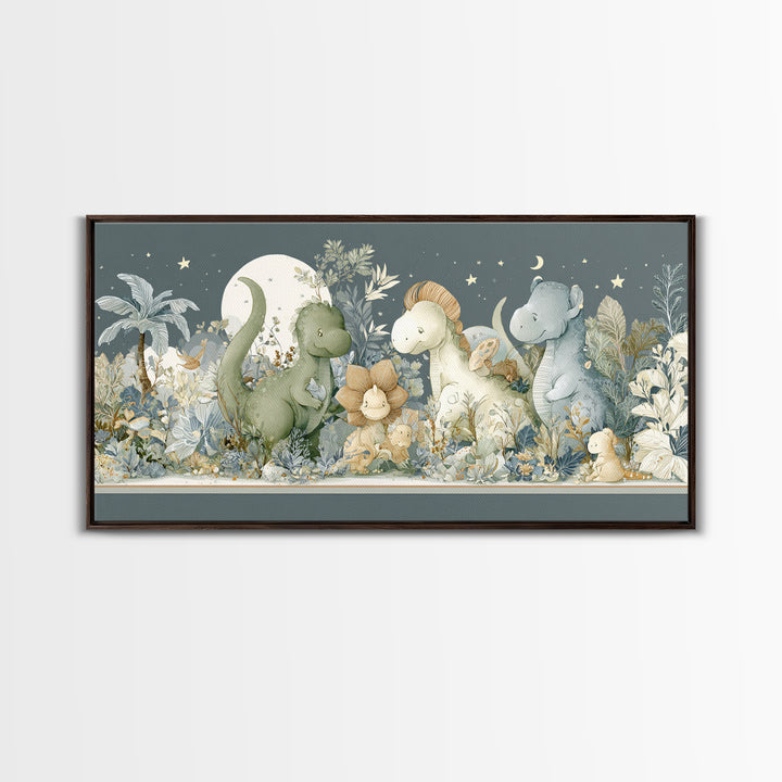 Gentle Dinosaur Family Framed Canvas Print, Nursery Decor, Boho Decor, Oil Painting, Nursery, Nursery Wall Art, Framed Wall Art, NDE-2x1-27
