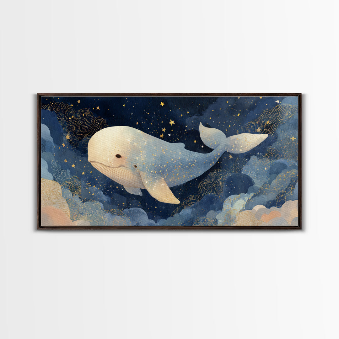Baby Whale Swimming Through Stars Framed Canvas Print, Nursery Decor, Contemporary Art, Fine Art, Nursery, Wall Decals, NDE-2x1-28