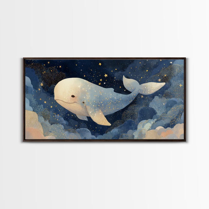 Baby Whale Swimming Through Stars Framed Canvas Print, Nursery Decor, Contemporary Art, Fine Art, Nursery, Wall Decals, NDE-2x1-28