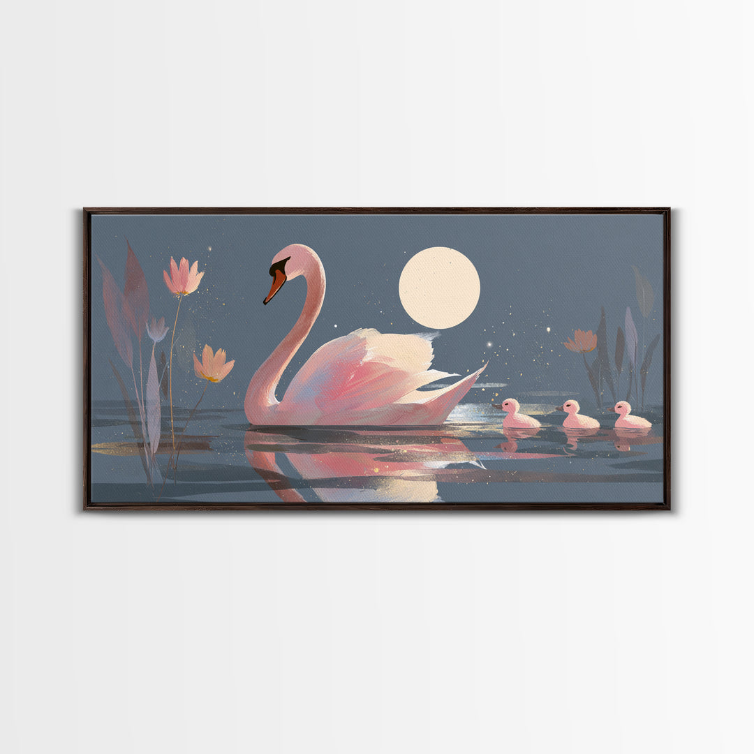 Pink Swan on Calm Pond Framed Canvas Print, Nursery Decor, Printable Wall Art, Nursery, Nursery Prints, Playroom Decor, NDE-2x1-33