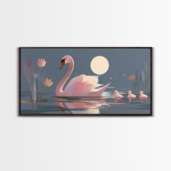 Pink Swan on Calm Pond Framed Canvas Print, Nursery Decor, Printable Wall Art, Nursery, Nursery Prints, Playroom Decor, NDE-2x1-33