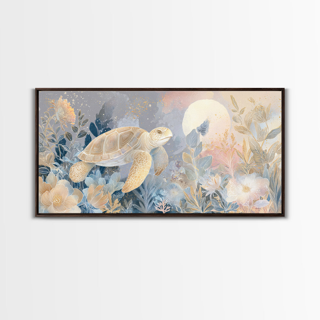 Tiny Turtle with Sea Plants Canvas Print, Nursery Decor, Nursery Wall Art, Oil Painting, Nursery, Botanical Wall Art, NDE-2x1-39