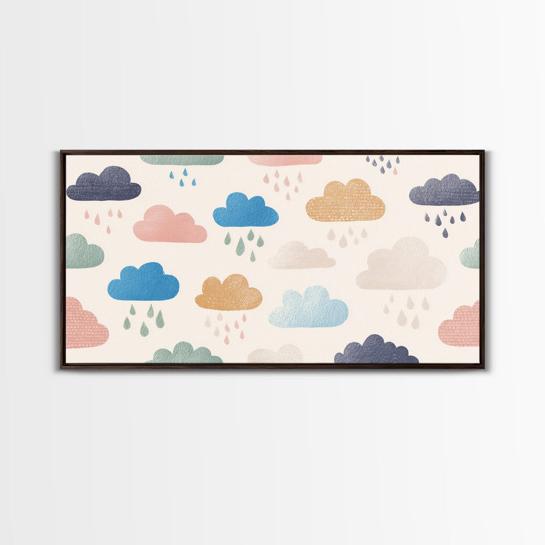 Cloud Rainbow and Raindrop Composition Framed Canvas Print, Nursery Decor, Wall Decor, Nursery, Woodland Nursery Decor, NDE-2x1-40