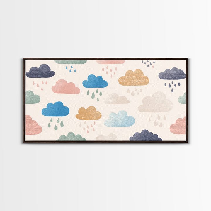 Cloud Rainbow and Raindrop Composition Framed Canvas Print, Nursery Decor, Wall Decor, Nursery, Woodland Nursery Decor, NDE-2x1-40