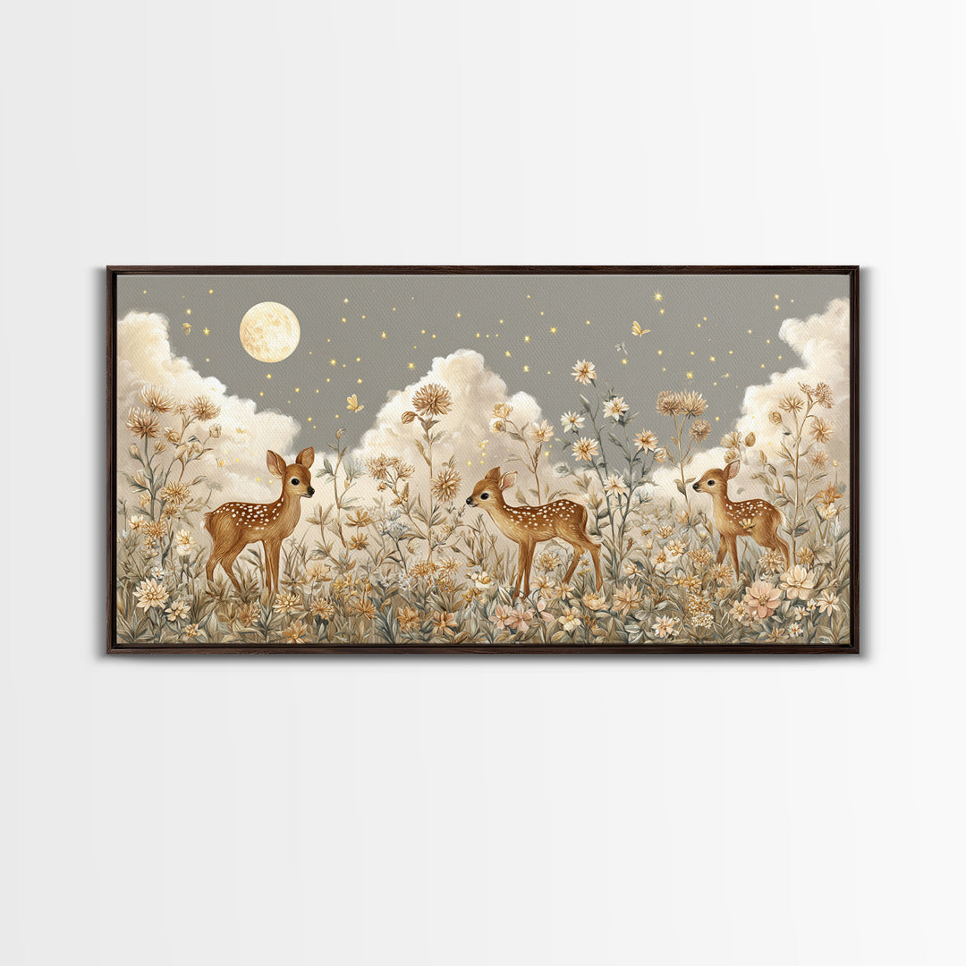 Baby Deer in Meadow with Fireflies Framed Canvas Print, Nursery Decor, Room Decor, Fine Art, Nursery, Framed Wall Art, NDE-2x1-42