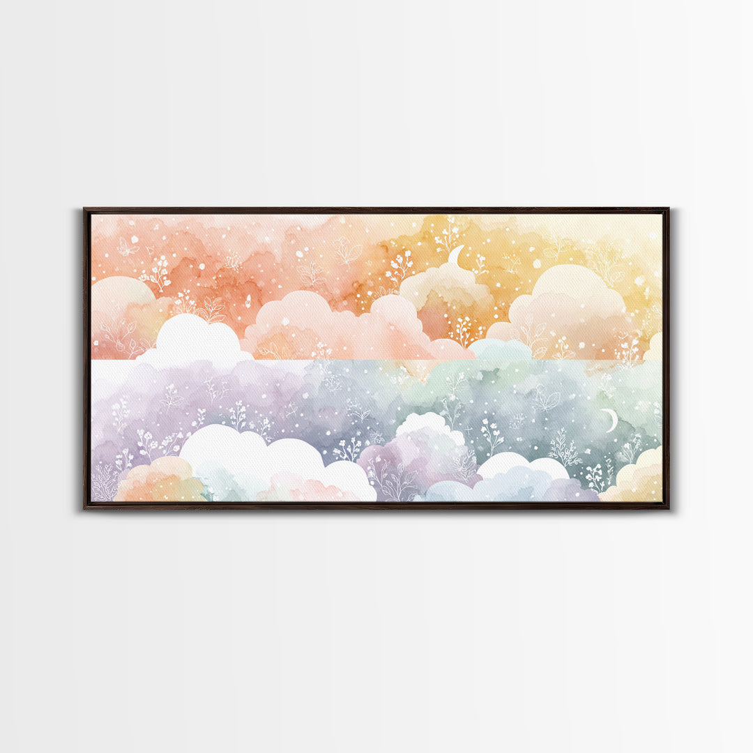 Pastel Rainbow with Soft Cloud Shapes Framed Canvas Print, Nursery Decor, Nursery Wall Decor, Nursery, Nursery Name Sign, NDE-2x1-45