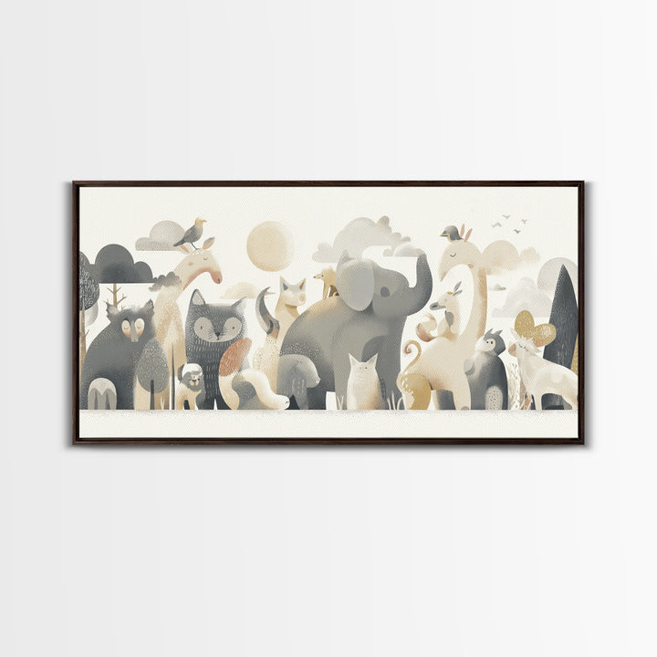 Woodland Animal Parade Framed Canvas Print, Nursery Decor, Wall Decor, Nursery, Woodland Nursery Decor, Nursery Prints, NDE-2x1-46